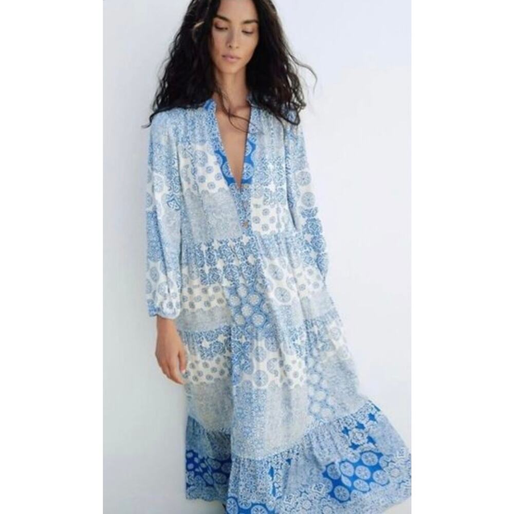 ZARA Blue White Patchwork Tile Print Tiered Midi Dress Long Sleeve Medium M Boho